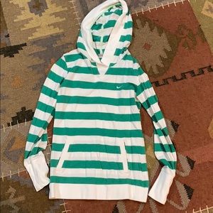 Medium green and white striped Nike hooded shirt